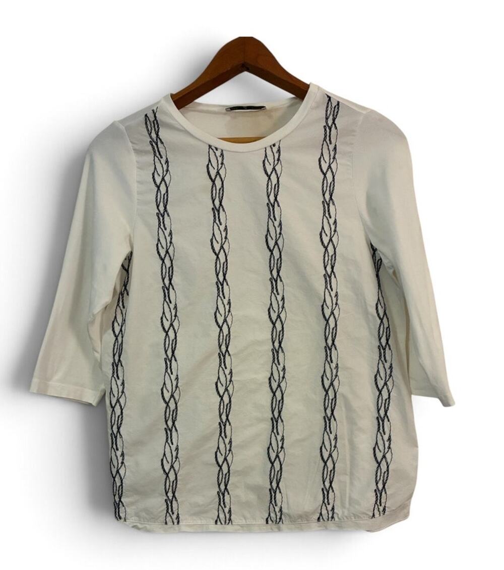 Whyci Milano Embroidered Cotton Top Cream White 3/4 Sleeve Size 40 US 4